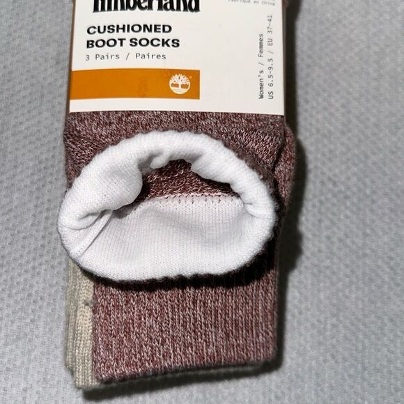 Timberland Beige Heather Burgundy Tan W6.5-9.5 Knit Cushioned Boot Socks 3 Pack - Picture 5 of 10
